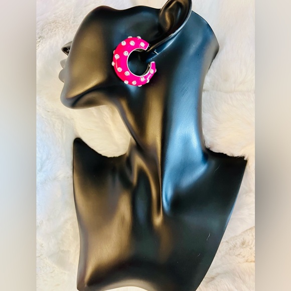New Zara Statement Enamel in Bright Pink Hoops/Huggies with Silver Rhinestones - Picture 3 of 9